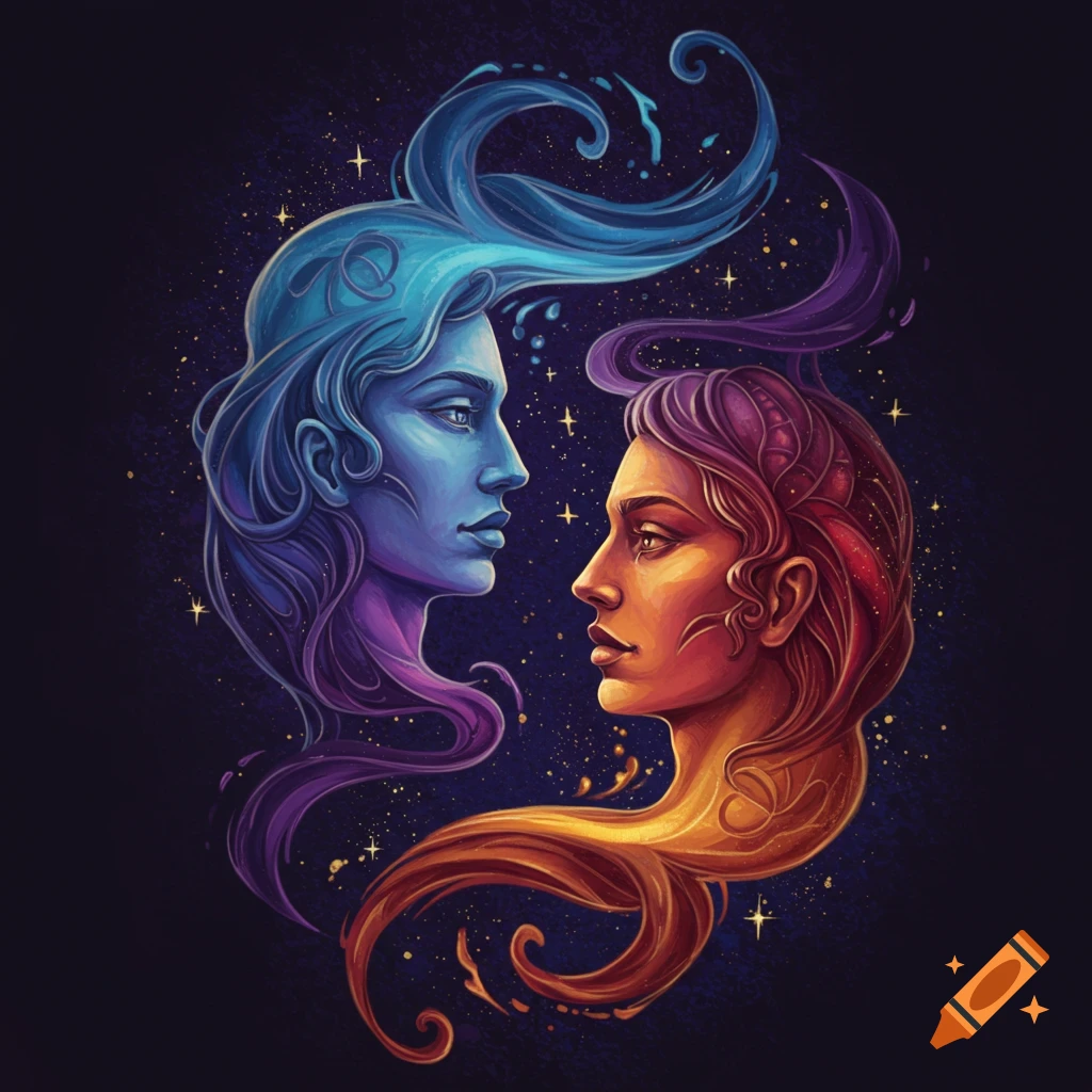 Stylized image of two profile faces, one blue and one orange, facing each other against a starry background.