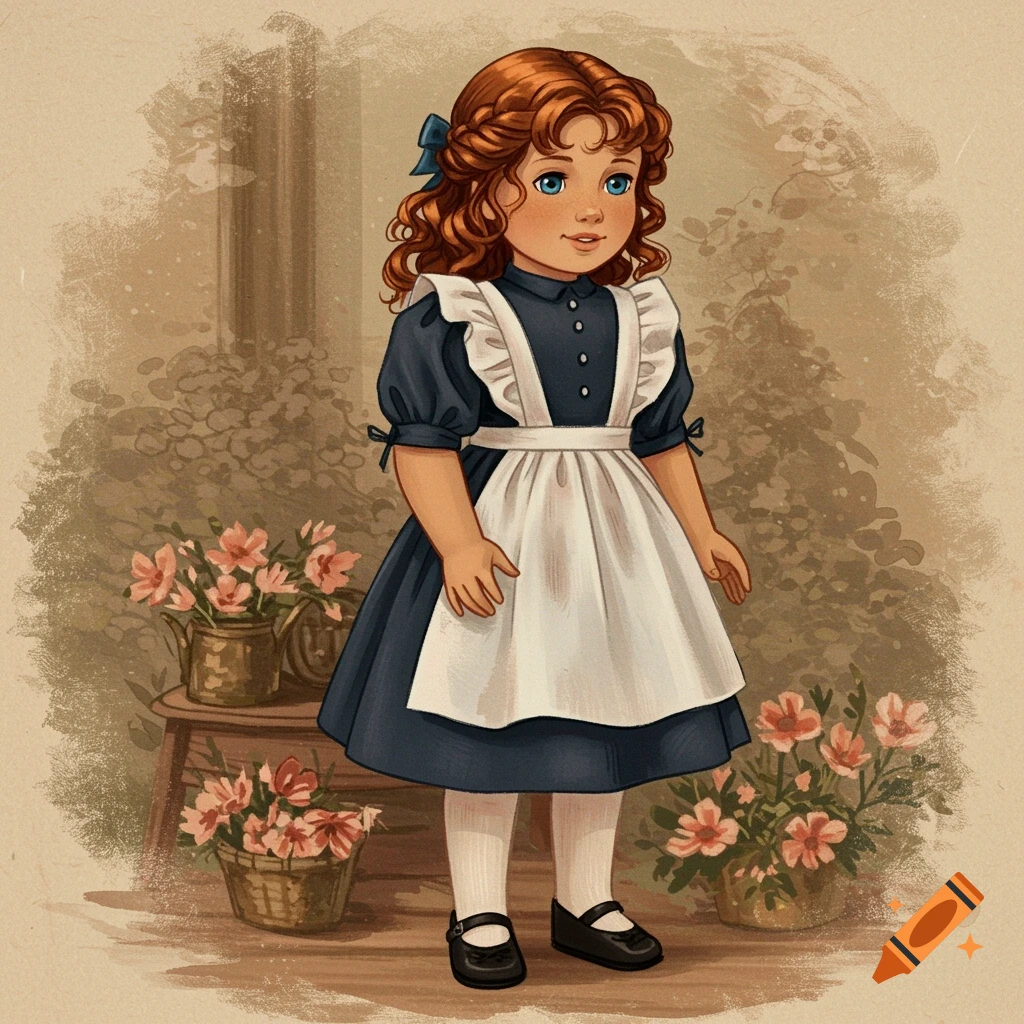 Vintage illustration of a doll-like girl in a blue dress and white apron standing near flowers.