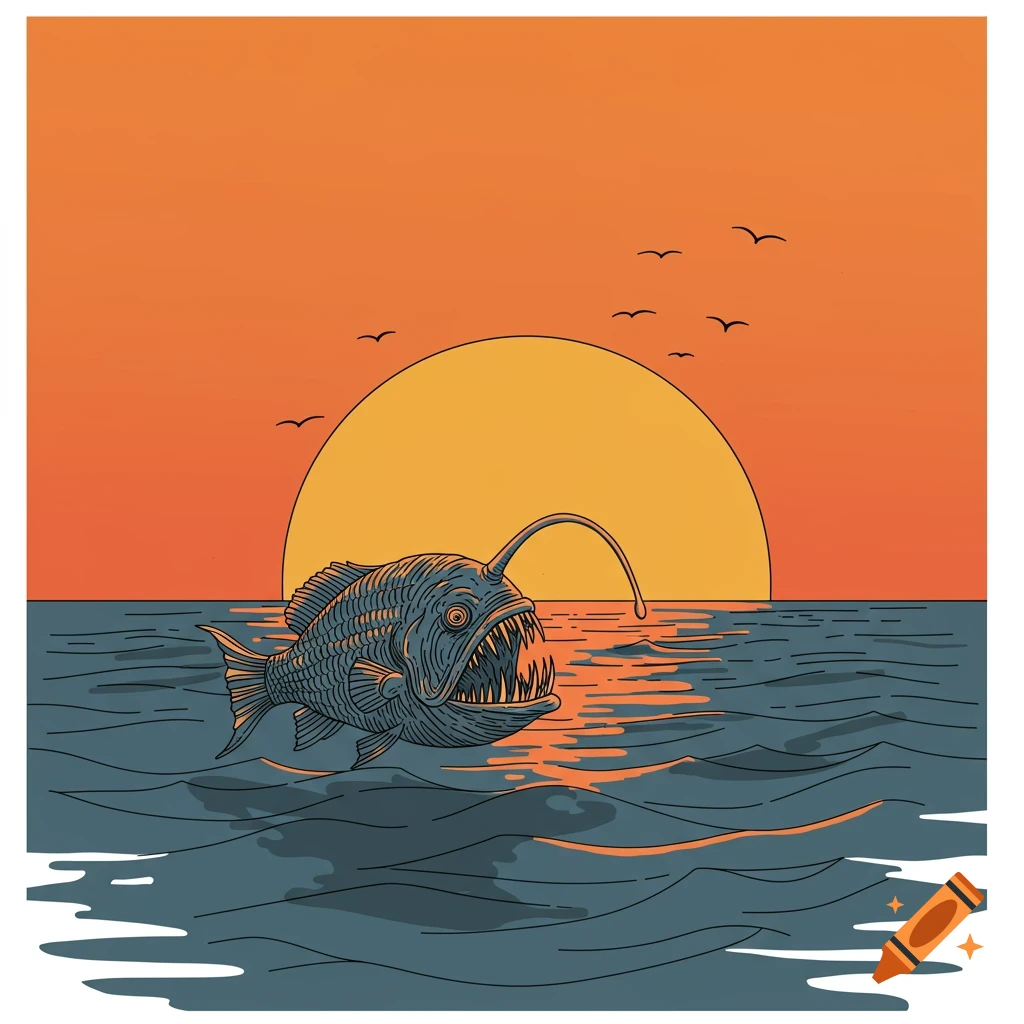 Minimalistic illustration of an angler fish at the ocean surface during sunset.