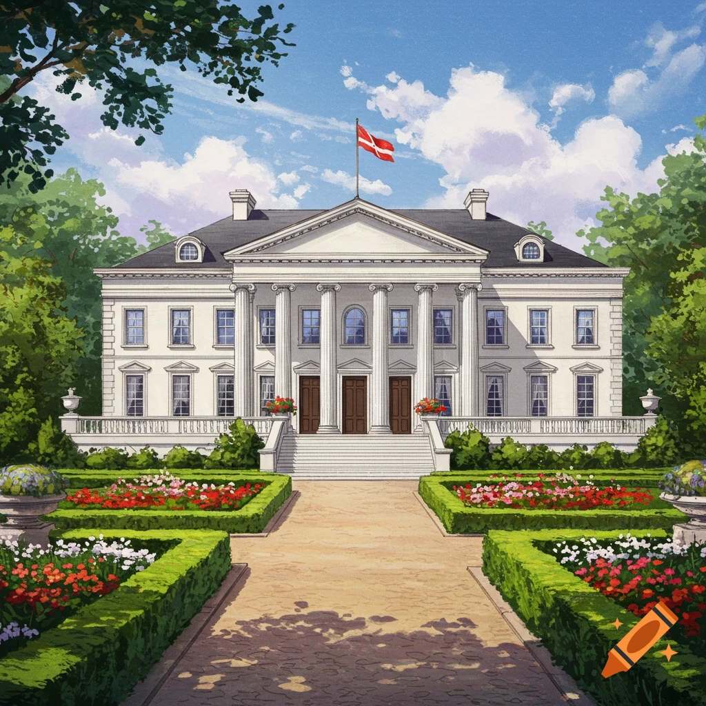 A neoclassical mansion with columns, stairs, and formal gardens.