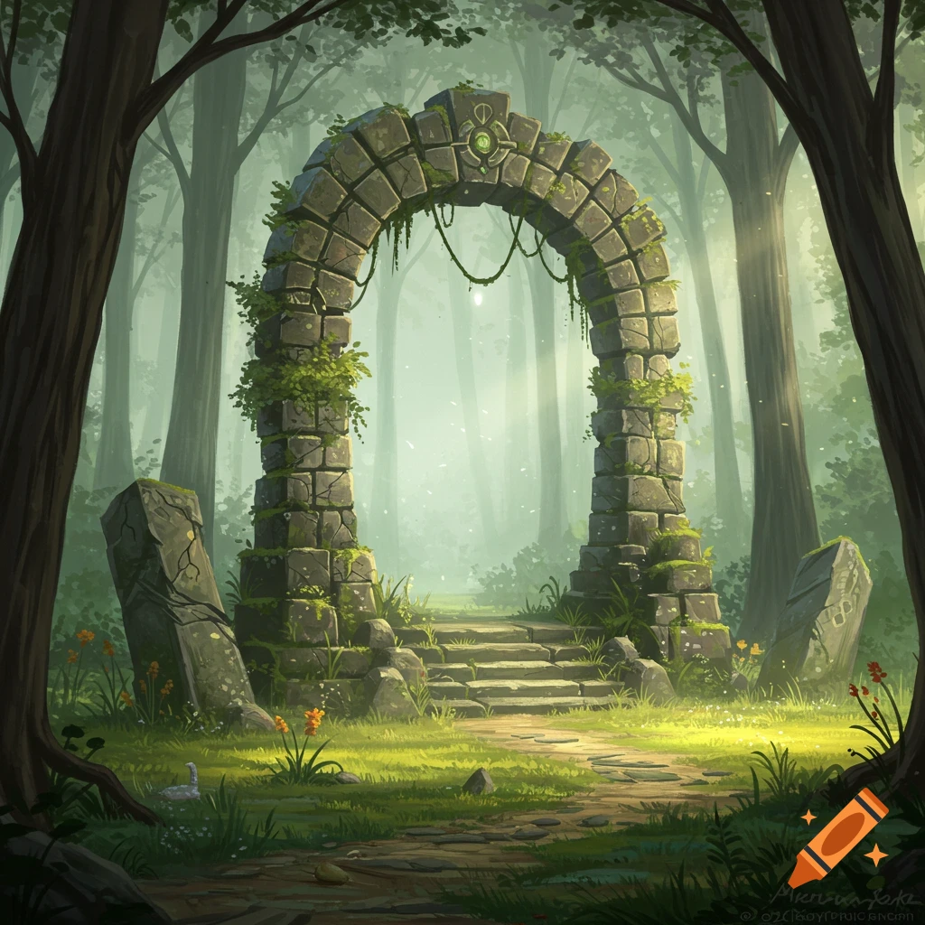 An ancient stone archway covered in moss in a mystical, sun-dappled forest clearing.