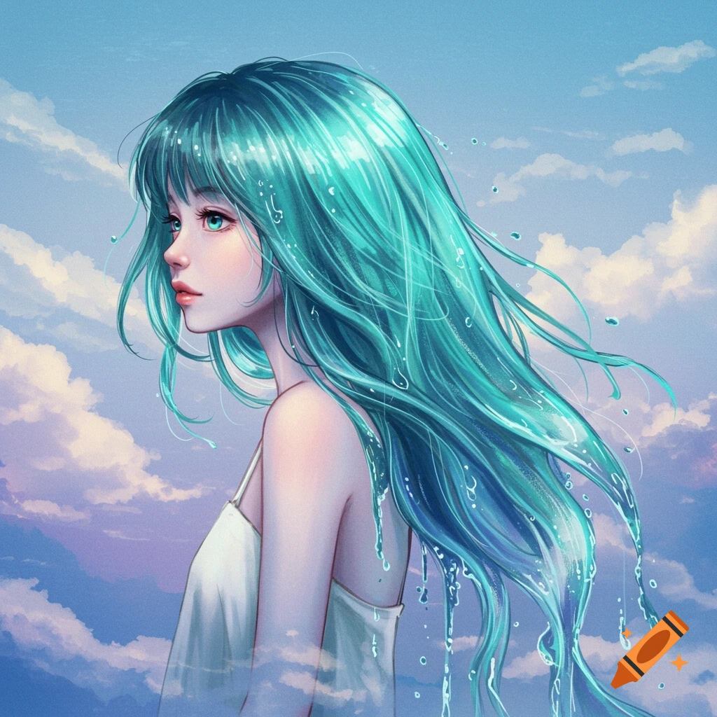 A girl with turquoise water-like hair and a white dress stands against a cloudy sky.