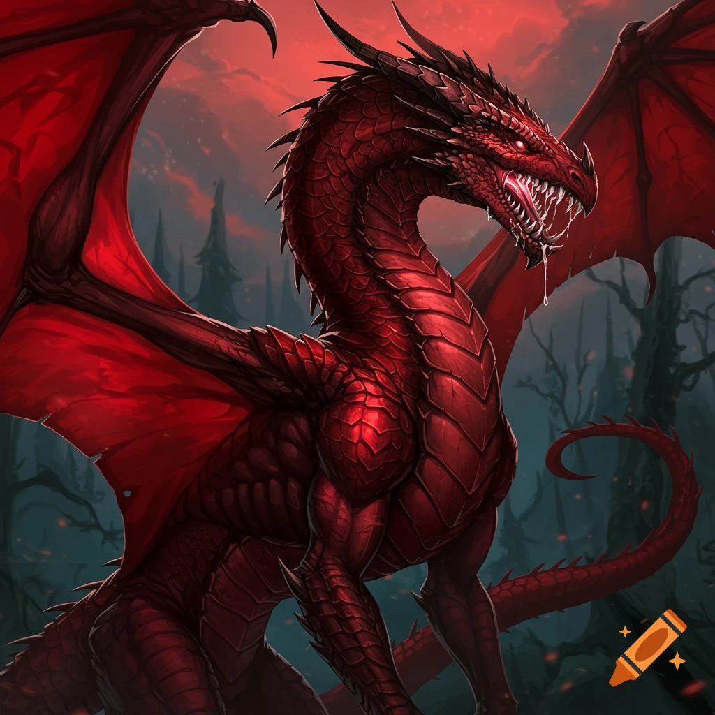 A fearsome red dragon with large wings and glowing eyes stands in a dark, eerie landscape under a red sky.