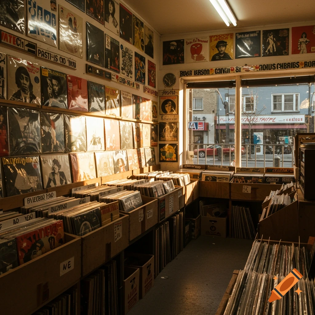 View inside a vinyl record store showing rows of records on walls and in crates.