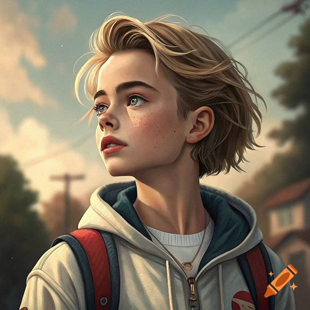 Close-up portrait of a young person with short blond hair and freckles, wearing a hoodie and backpack, looking up outdoors.