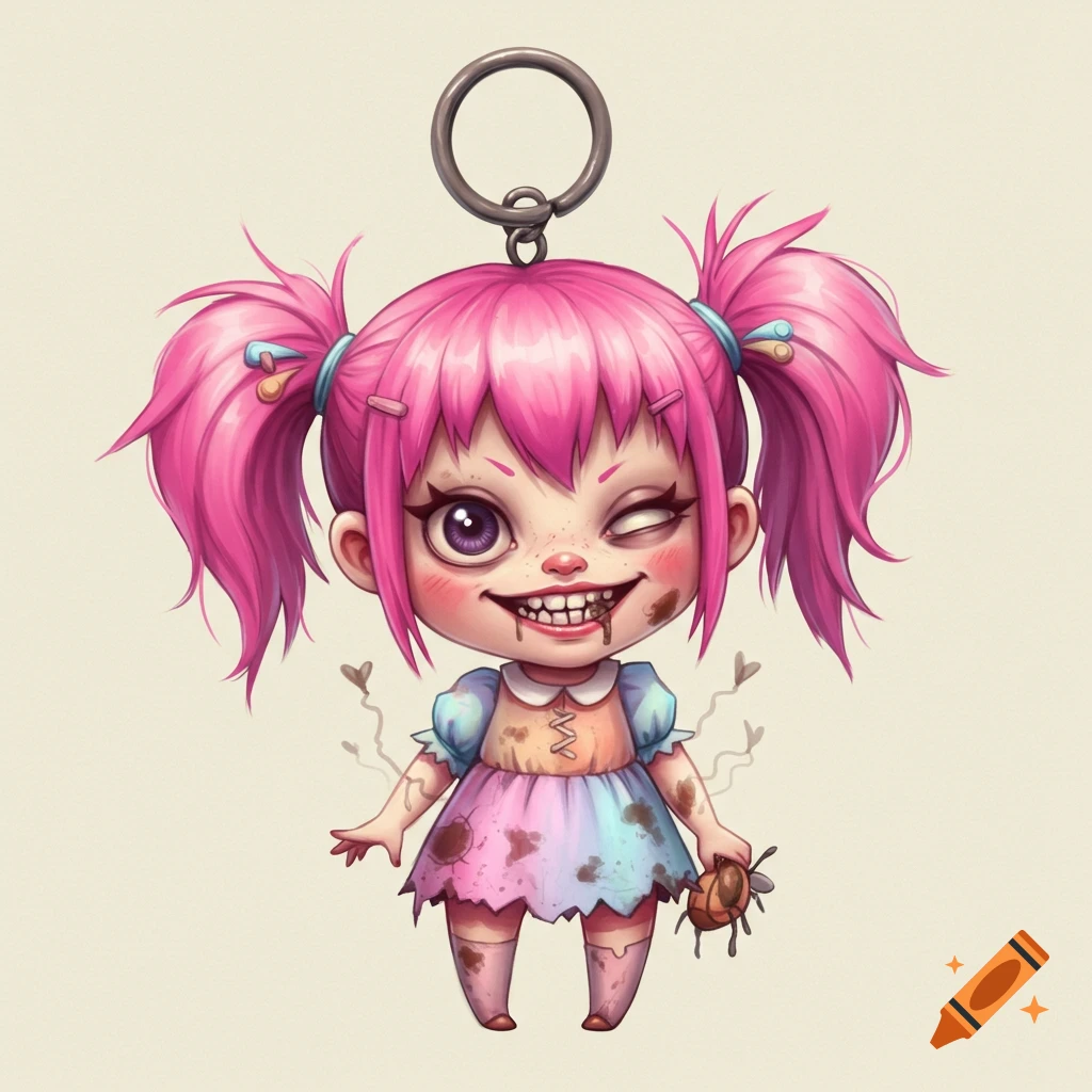 A cute, messy chibi cartoon girl with pink pigtails, winking, holding a bug, designed as a keychain.