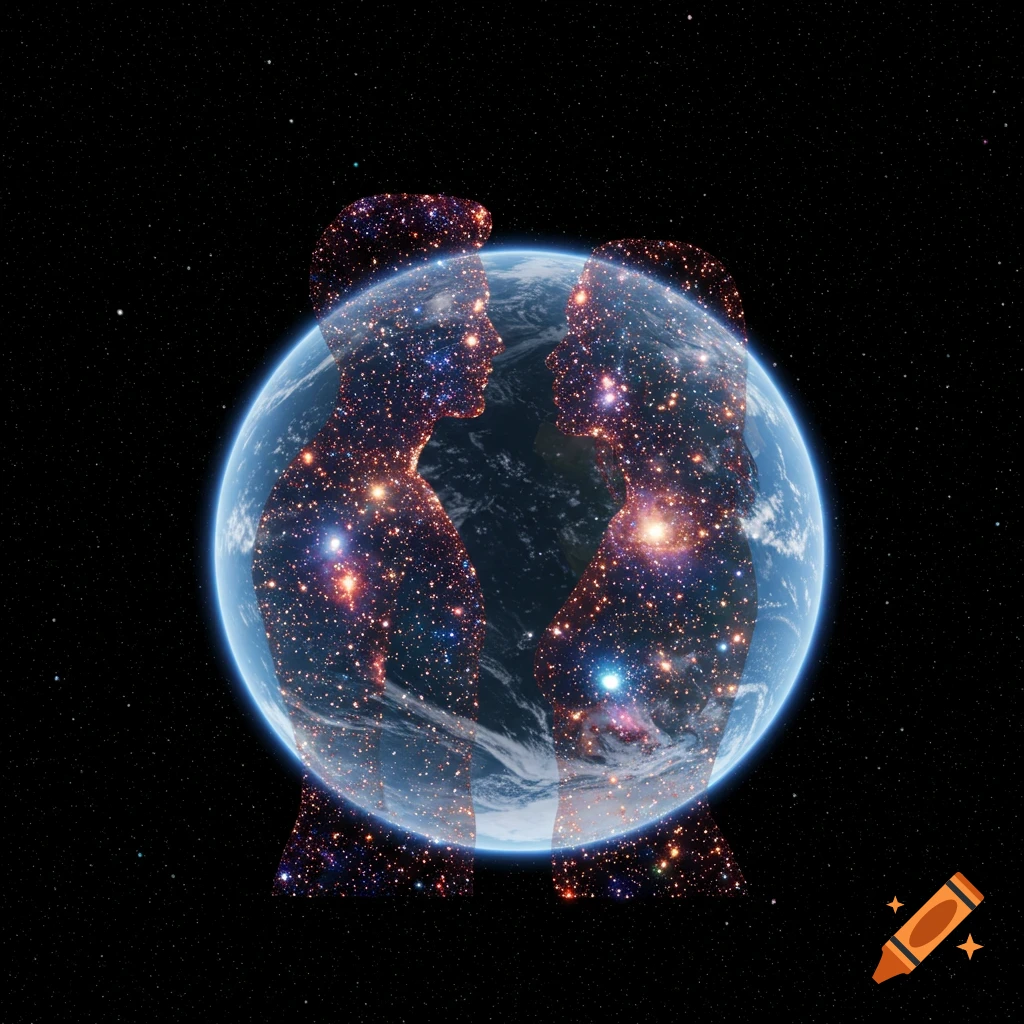 Silhouettes of two people filled with stars and galaxies stand before the Earth in space