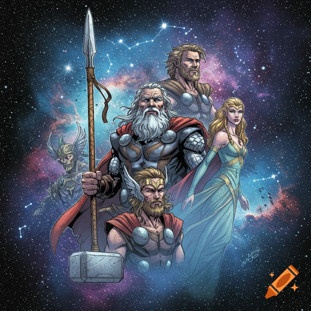 A group of Nordic gods, including Odin and Thor, stand against a cosmic background in a comic book style.