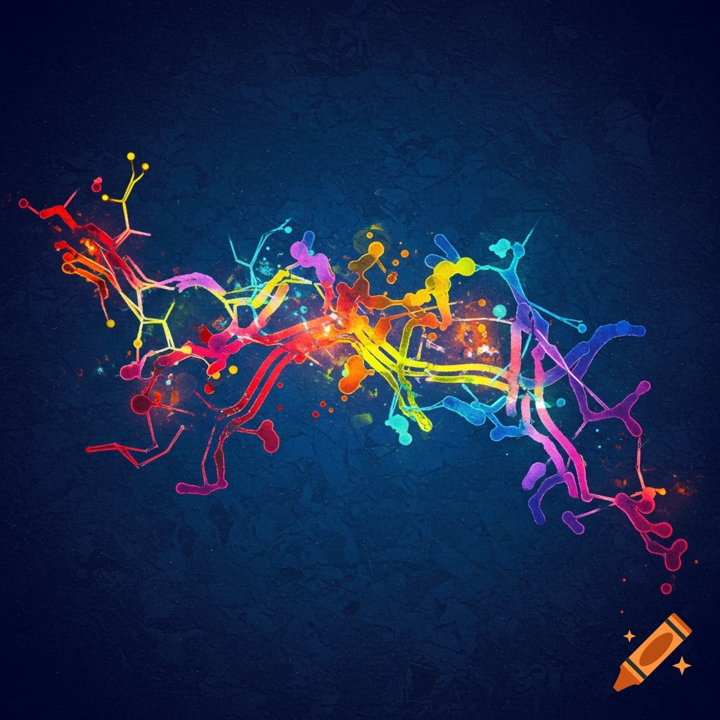 Colorful abstract representation of a network or molecule against a dark background.