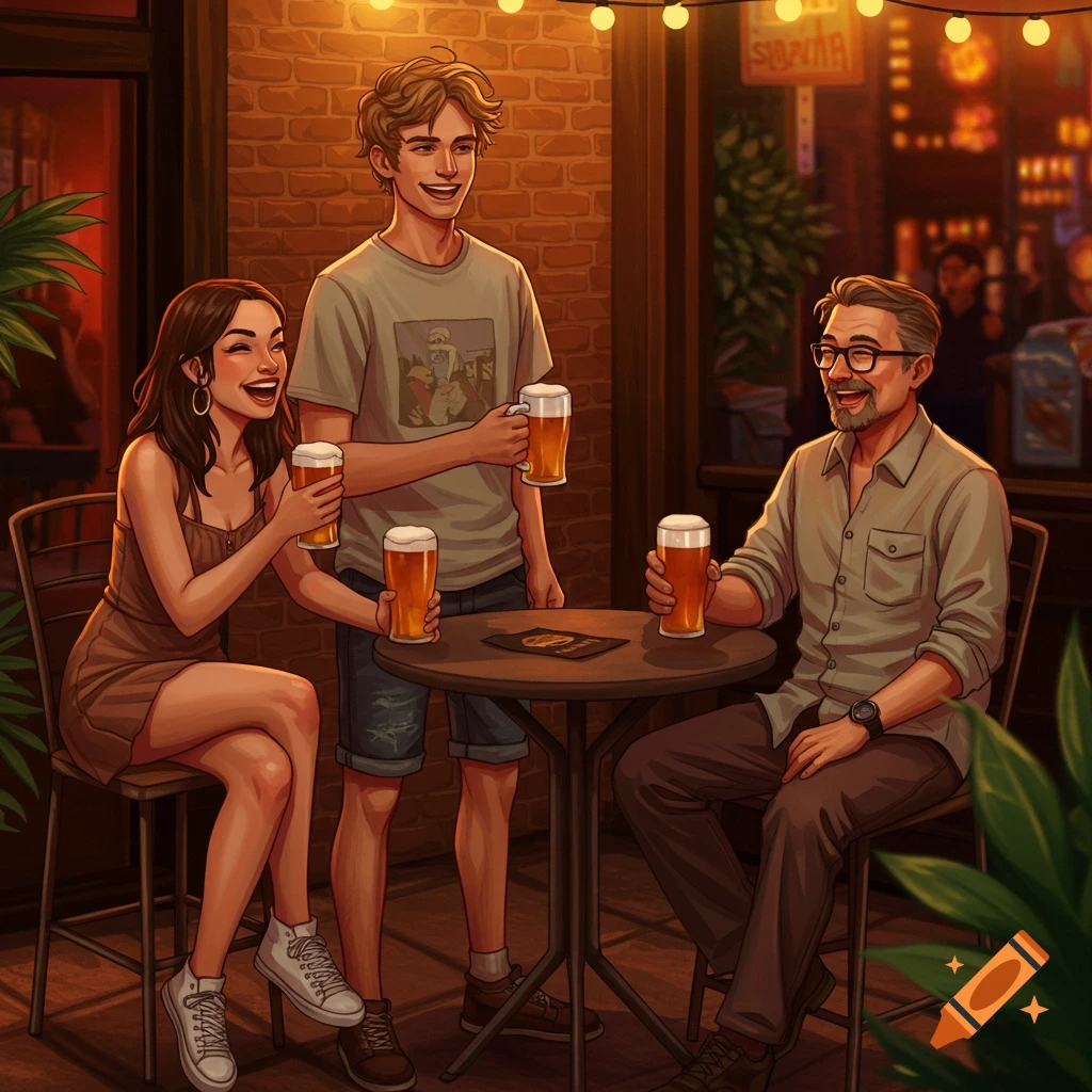 Image of three friends laughing and drinking beer at a bar patio.