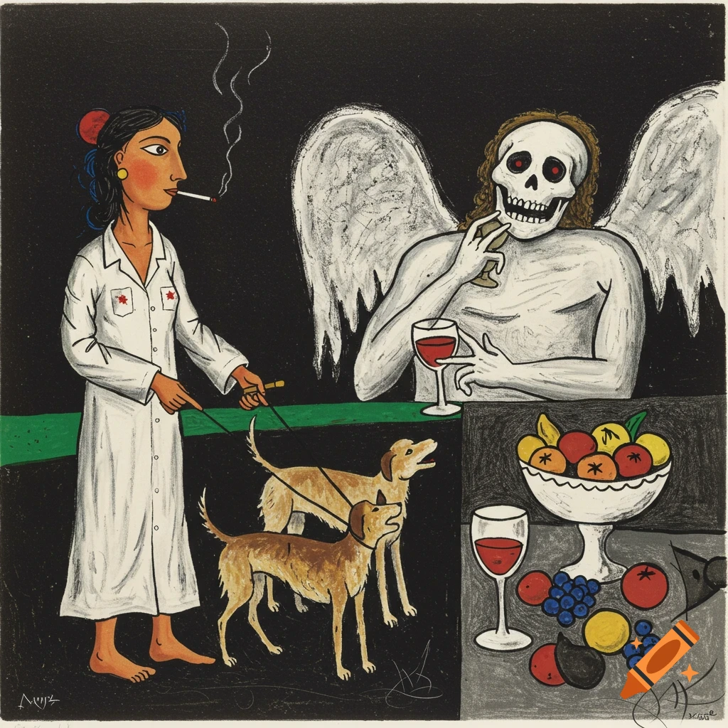 A woman walks two dogs and smokes while the Angel of Death drinks wine near a fruit bowl in a stylized folk art style.