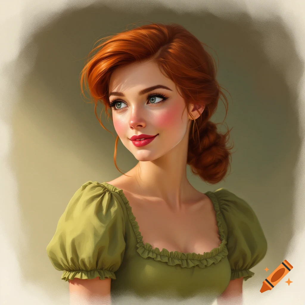 A redheaded woman in a green dress looking left.