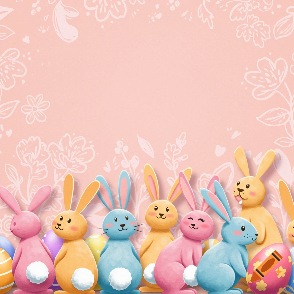 Colorful cartoon Easter bunnies and eggs with a floral background