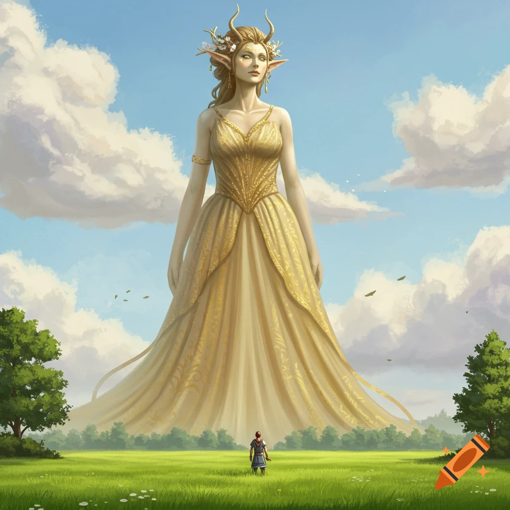 A giant woman in a gold dress stands over a small figure in a grassy field under a cloudy sky.