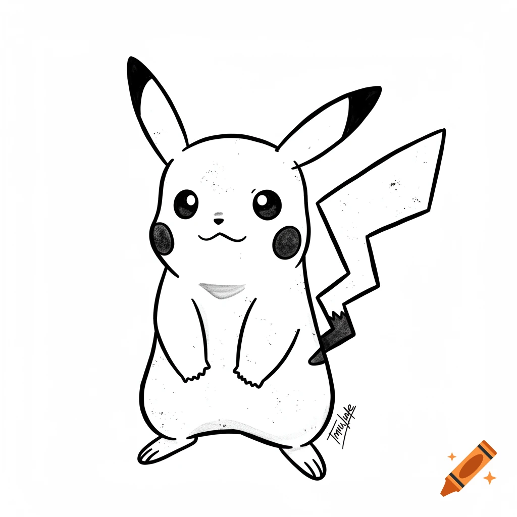 Black and white line drawing of Pikachu in a tattoo stencil style.