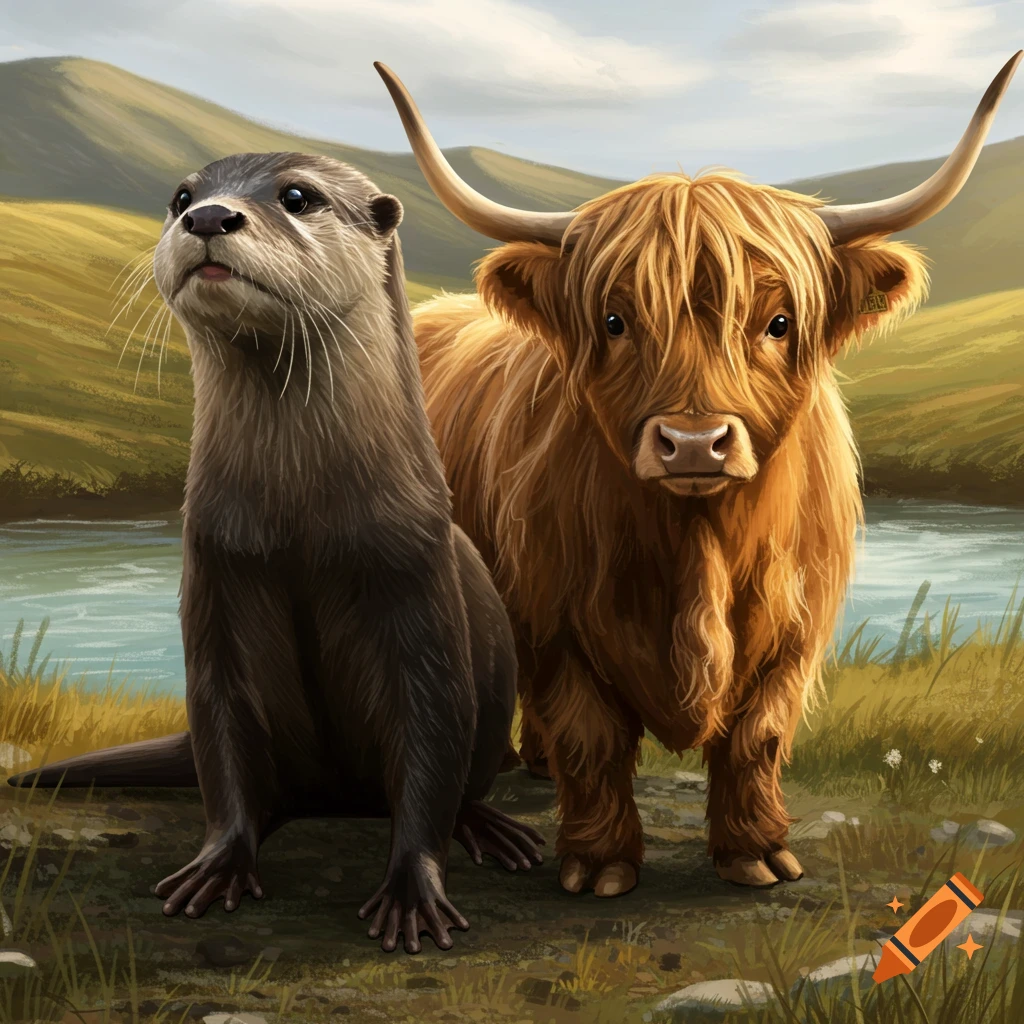 An otter and a Highland cattle stand by a river with mountains in the background.