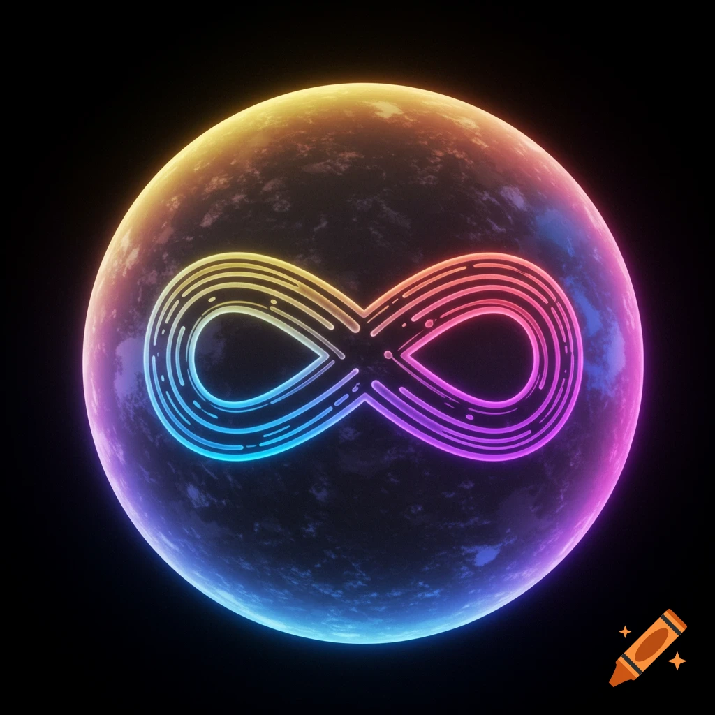 A vibrant, glowing infinity symbol on a sphere against a black background.