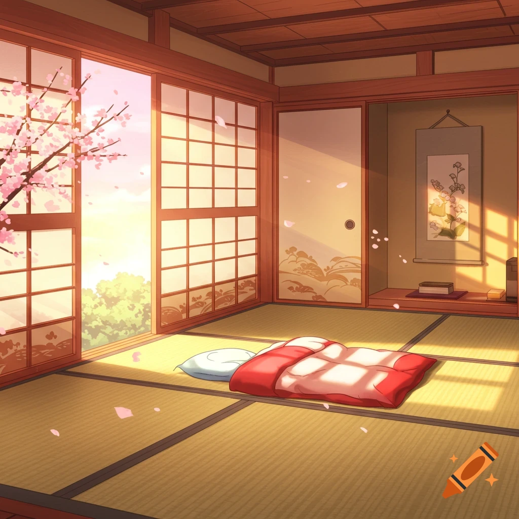 Anime style interior of a traditional Japanese bedroom with a futon, tatami floor, and cherry blossoms outside the window at sunset.