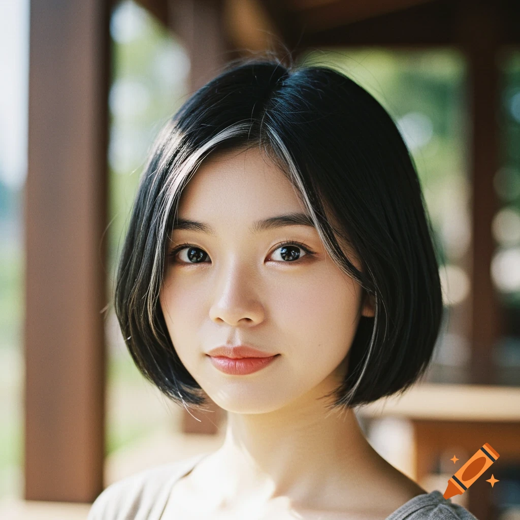 Photorealistic portrait of a young woman with short black hair and a white streak.
