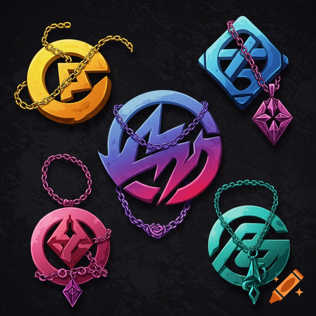 Multiple colorful abstract logos with chains and pendants.
