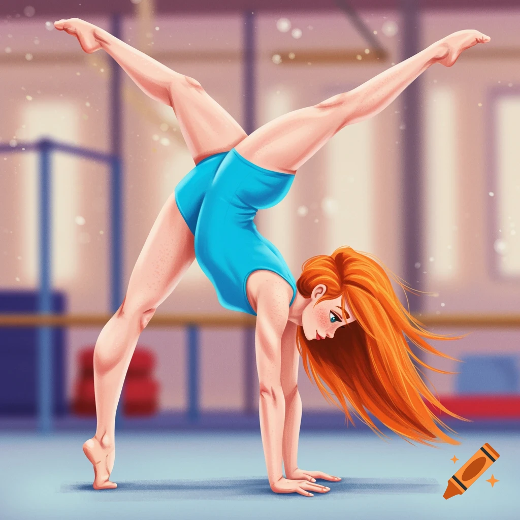 A redhead girl gymnast in a blue unitard performing a handstand in a gym.