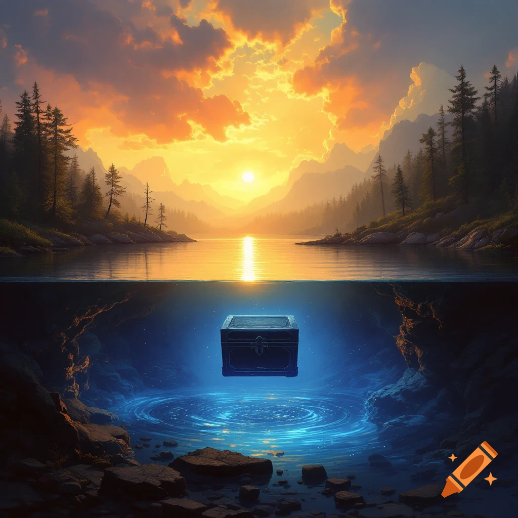 Split view of a lake at sunset and a glowing chest underwater with swirling light.