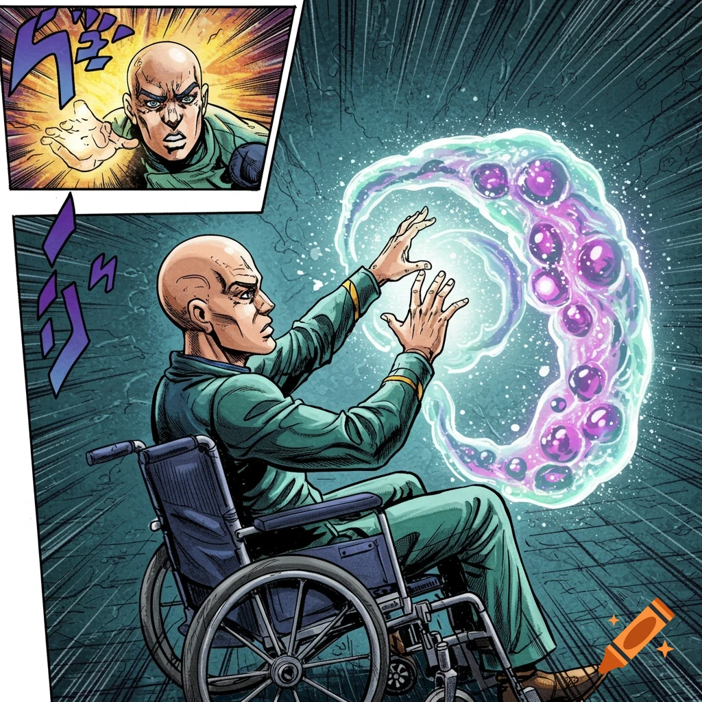 Comic book panel of a bald man in a wheelchair creating a glowing energy swirl.