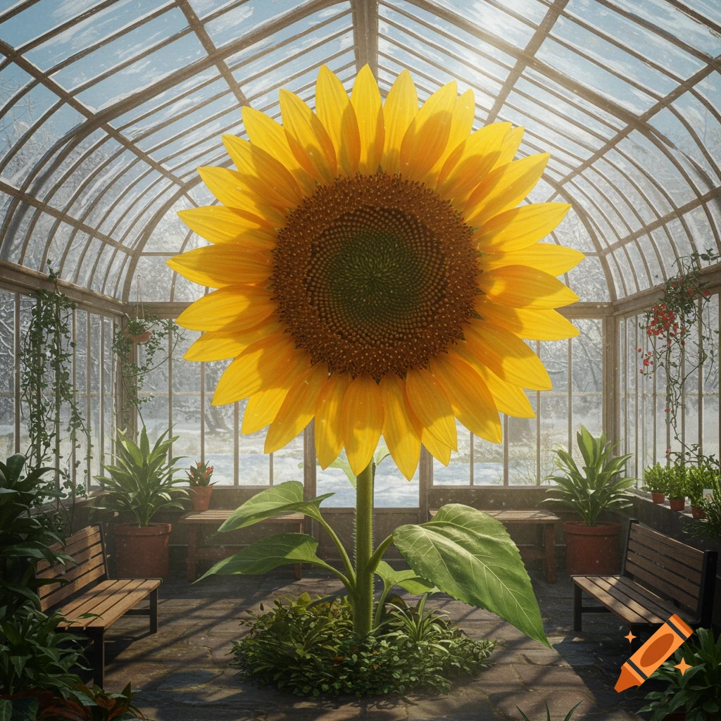 A large sunflower blooms inside a glass greenhouse during winter.