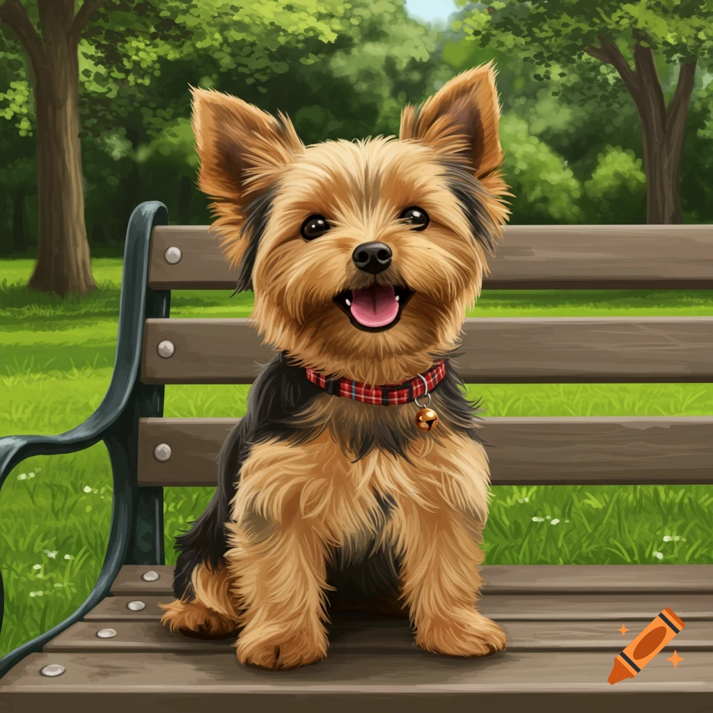 A smiling Yorkshire terrier is sitting on a park bench.