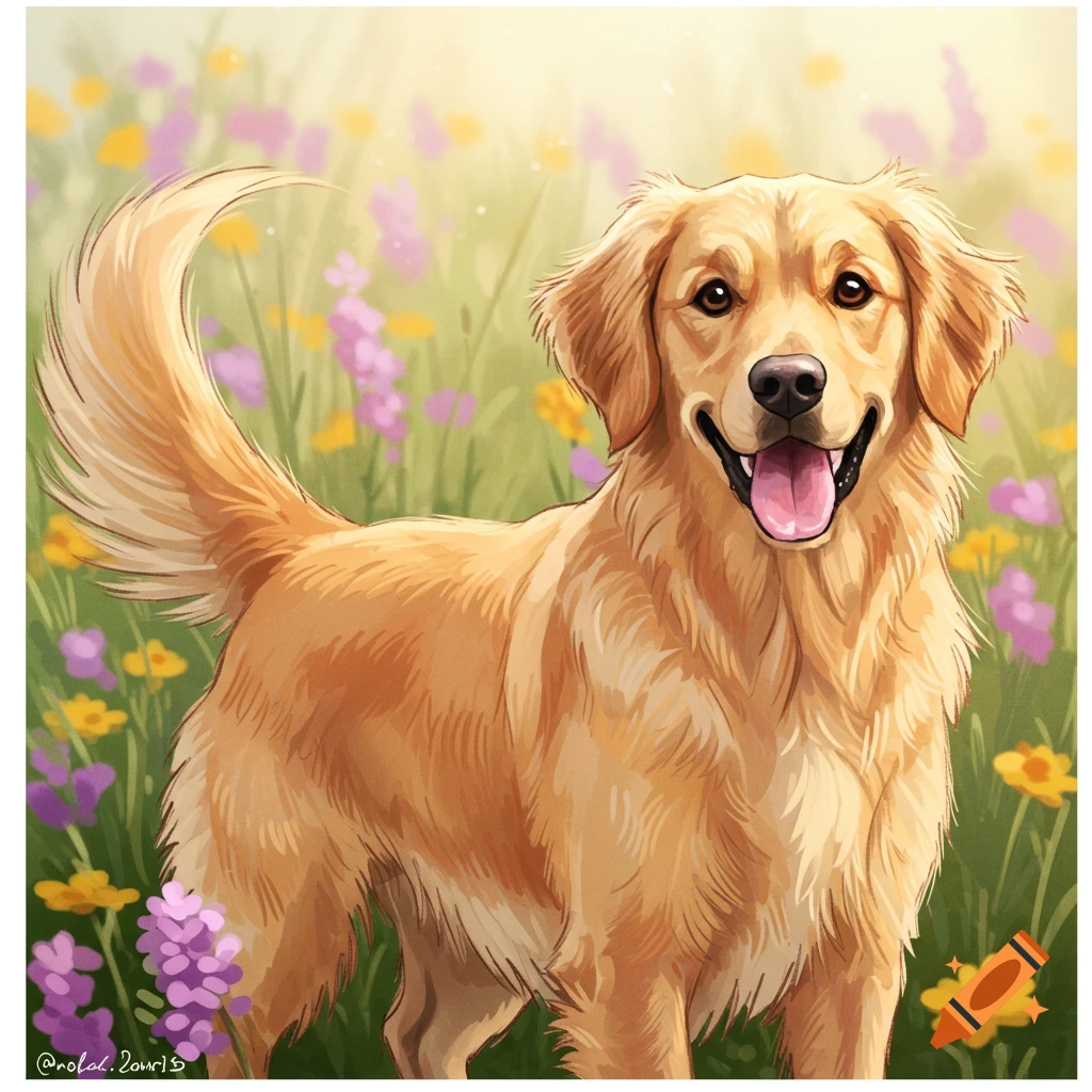 A happy golden retriever stands in a field of purple and yellow flowers.