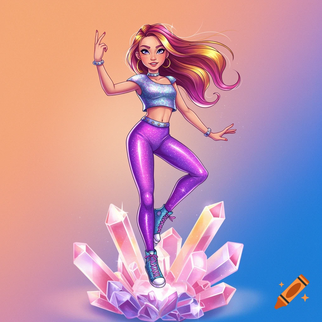 A stylized teenage girl on crystals, wearing a sparkling top and purple leggings.