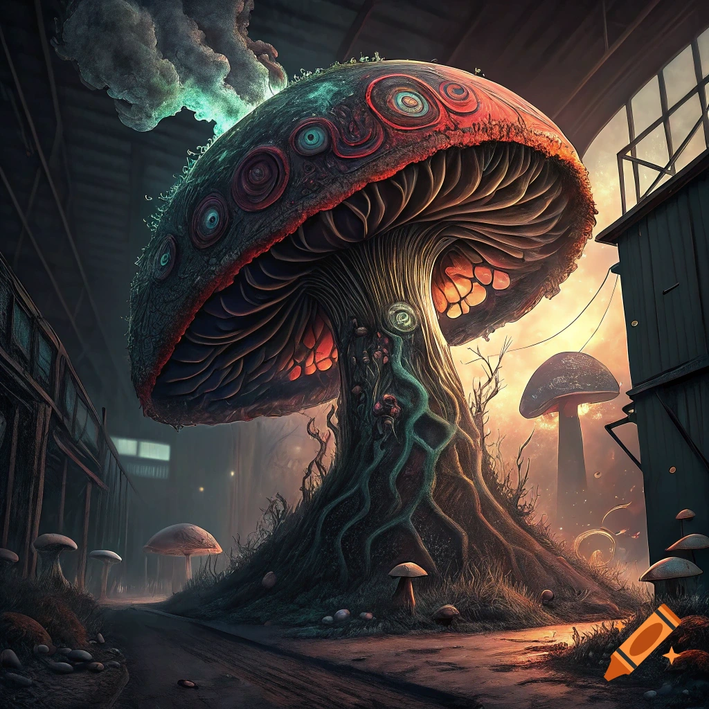 Giant surreal mushroom with glowing gills and eye-like patterns on its cap in an industrial decay setting.