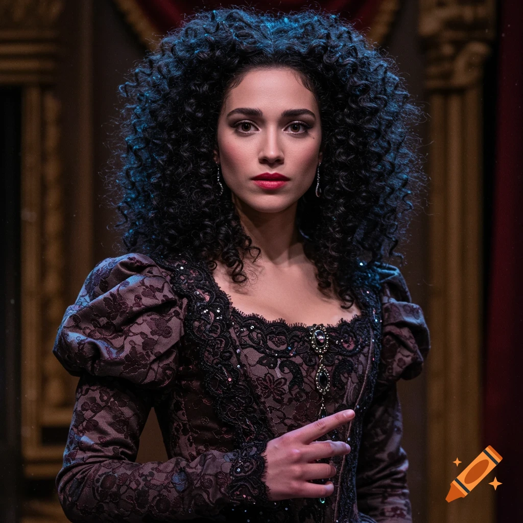 Portrait of a woman with large curly hair in a historical dress
