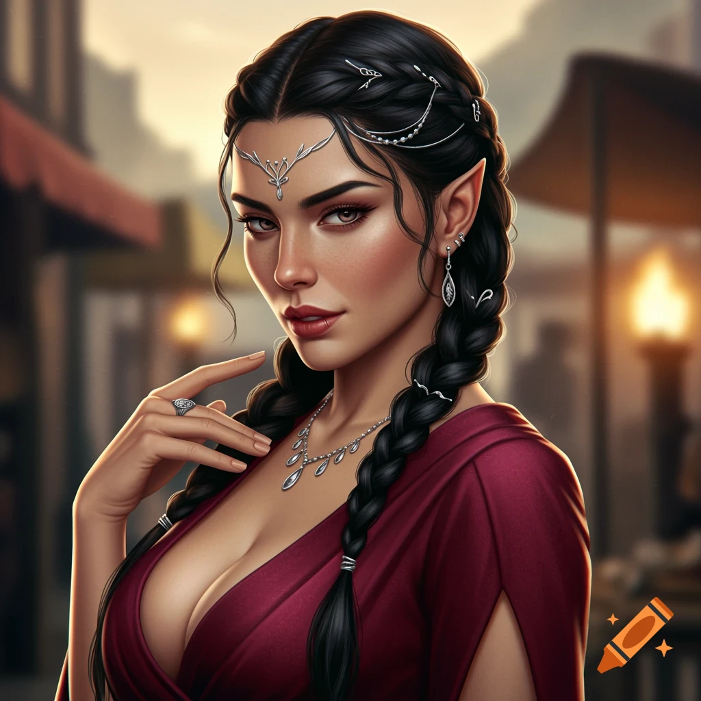 Portrait of a woman with pointed ears, braided hair, jewelry, and red dress in a market setting.