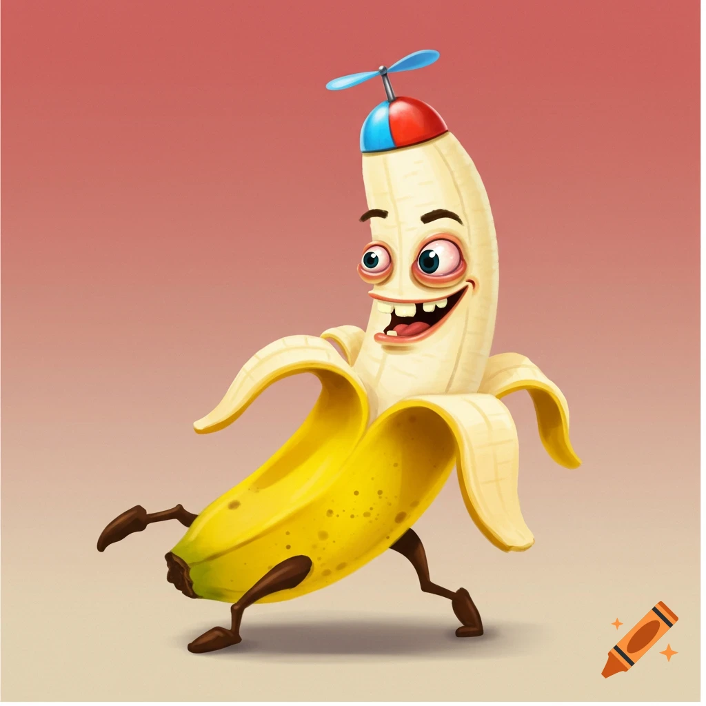 A cartoon banana character with a propeller hat is dancing.