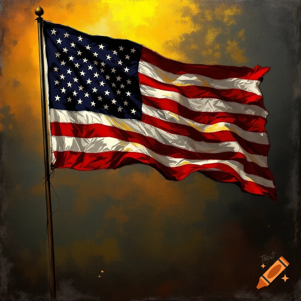 An American flag waving against a dark and golden sky.