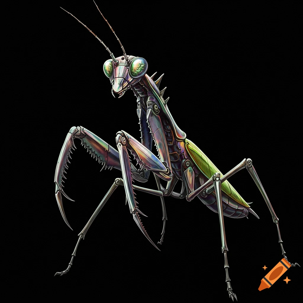 A metallic praying mantis is shown on a black background.