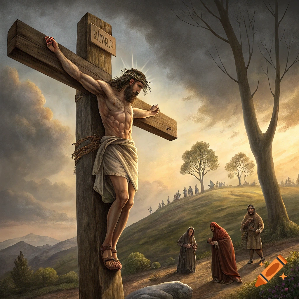 Jesus Christ on the cross overlooking a landscape with people watching under a dramatic sky.
