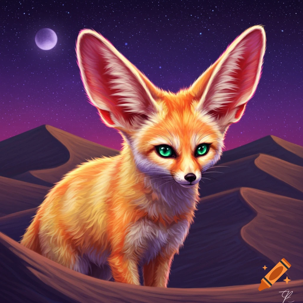 A fennec fox in a desert at night with a purple sky and moon.