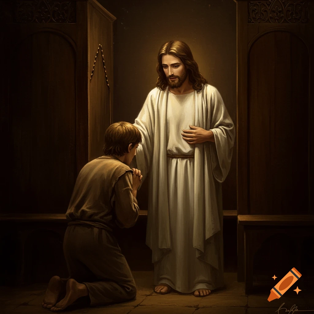 Jesus laying a hand on a kneeling figure's shoulder inside a confessional booth.