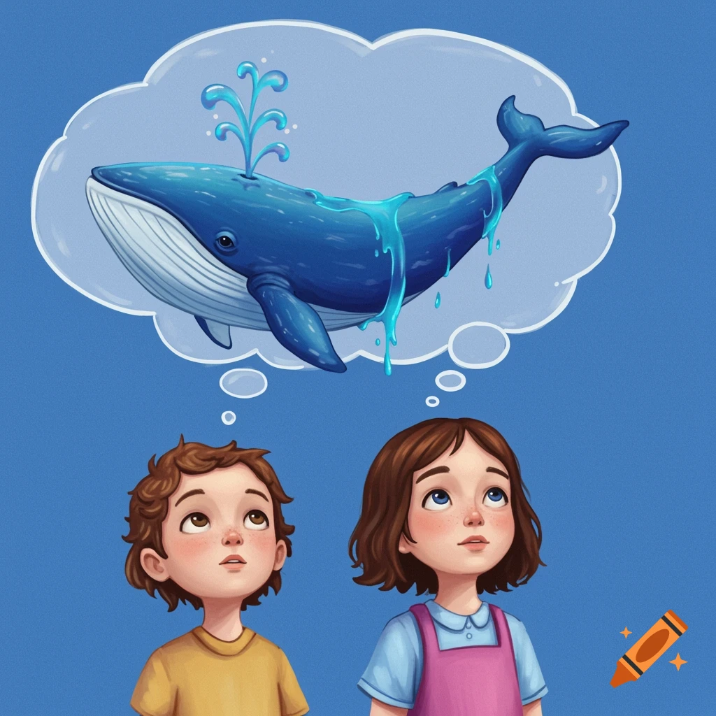 Digital illustration of two children looking up at a thought bubble containing a blue whale spouting water.