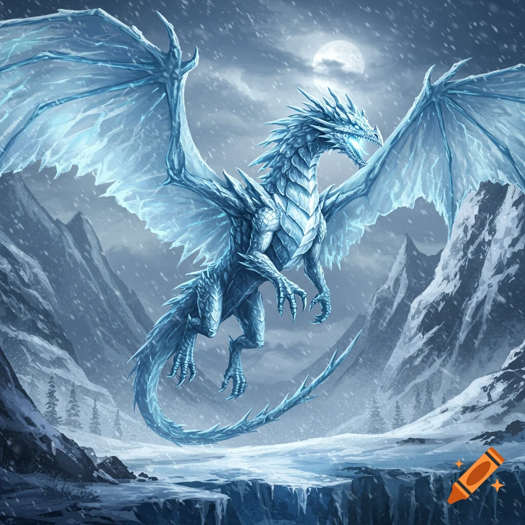 An ice dragon flies over a snowy mountain landscape under a full moon.