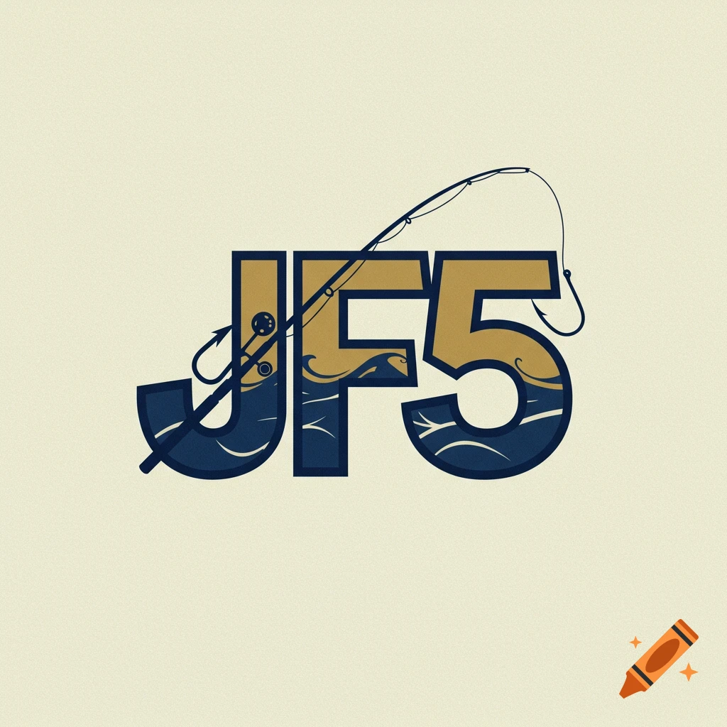 Logo design featuring the letters JF5 incorporating a fishing rod, hook, and water elements.