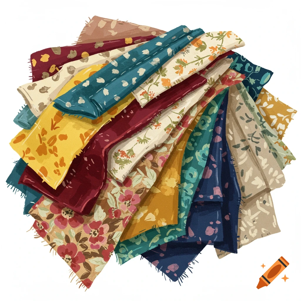A bundle of colorful, patterned fabric scraps.
