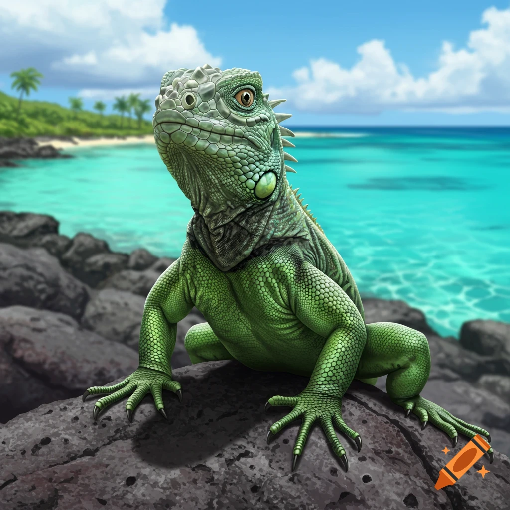A green iguana perched on a rock overlooking a tropical beach.