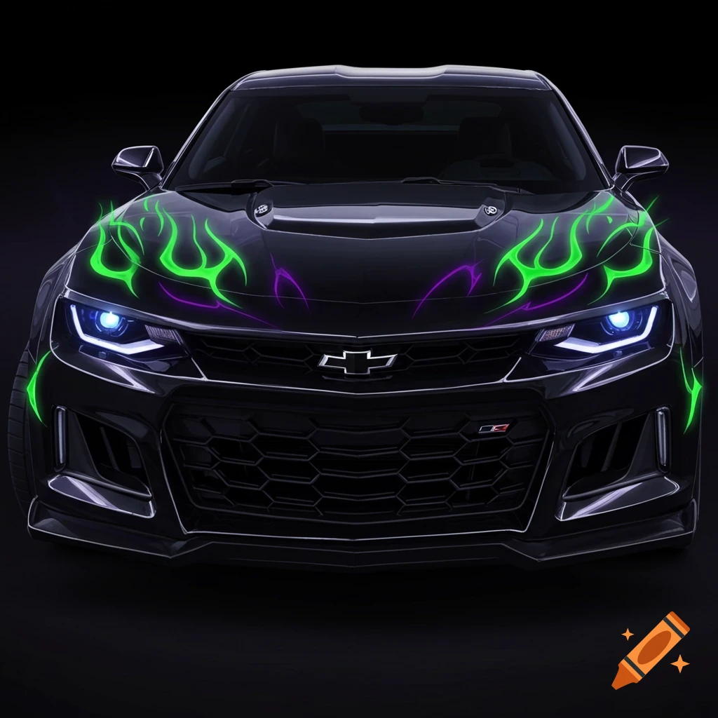 A black Camaro ZL1 car with green and purple flame graphics on the front.