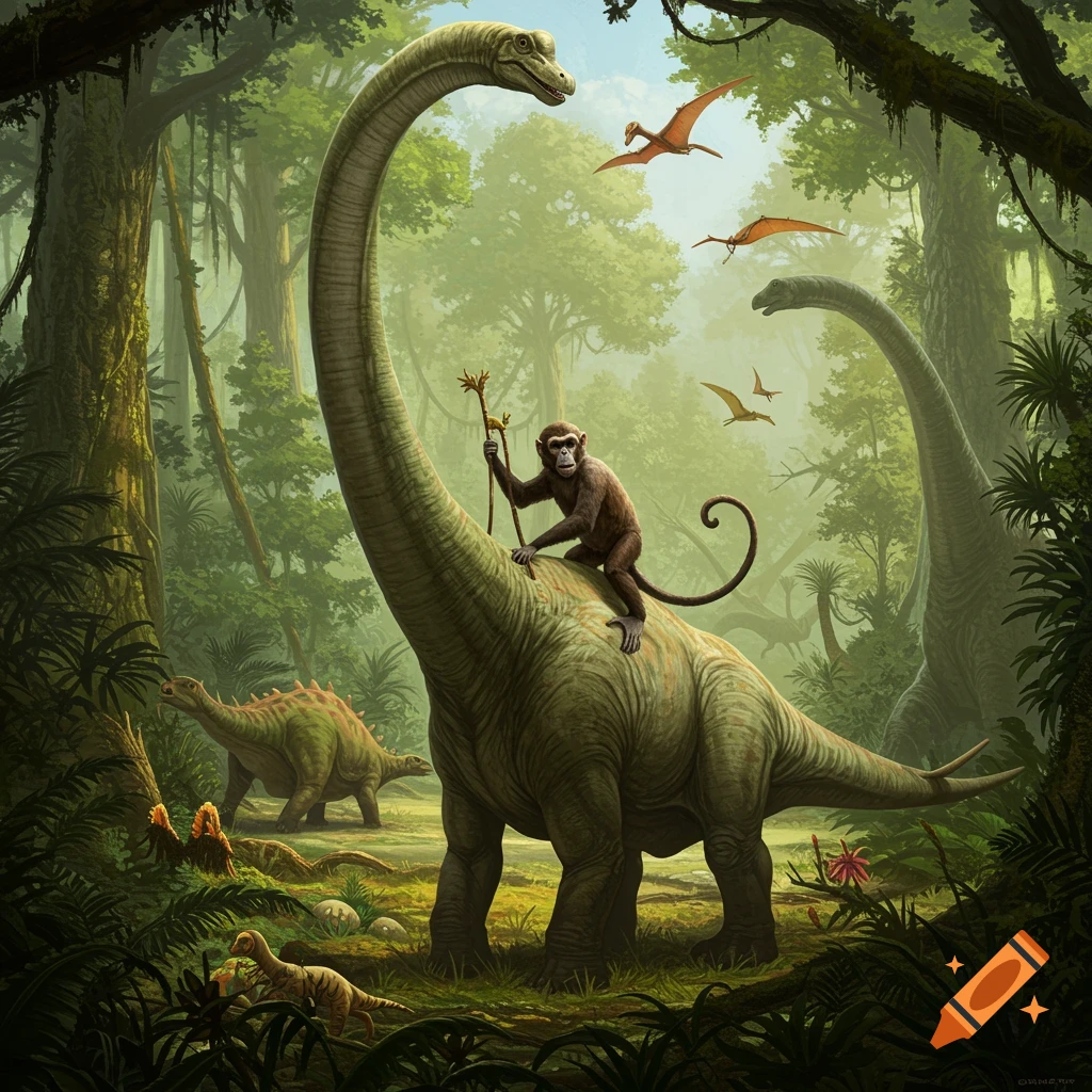A monkey riding a large dinosaur in a prehistoric jungle with other dinosaurs.