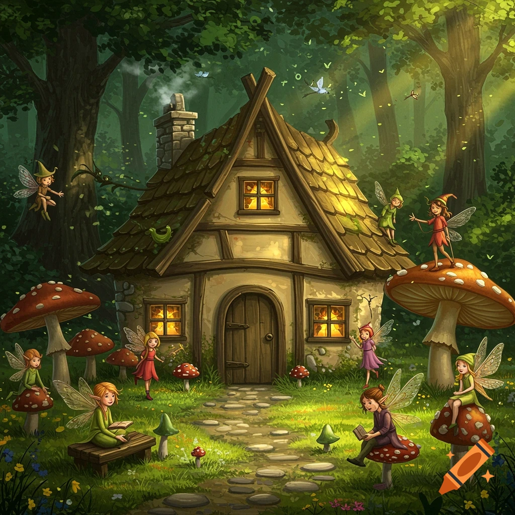 A whimsical forest cottage with fairies and large mushrooms
