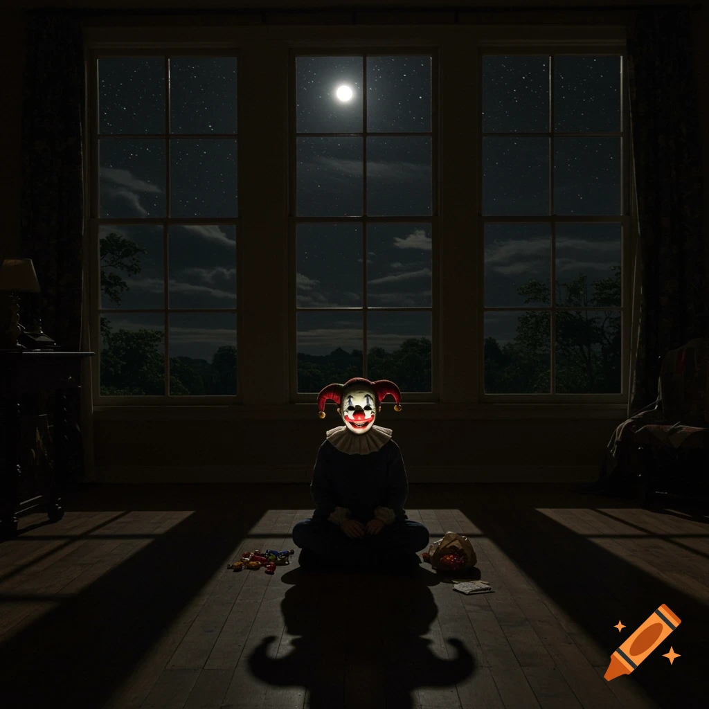 Figure in a creepy clown mask sits in a dark room by moonlight.