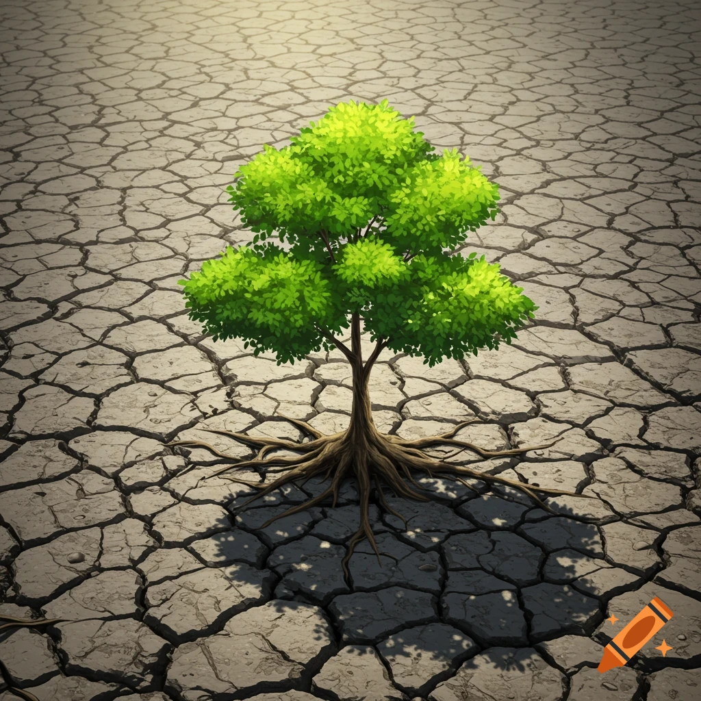 A green tree with roots grows from cracked dry ground.